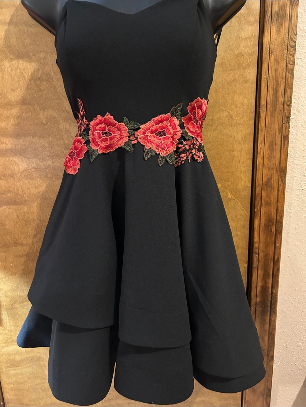 Black Dress with Red Floral Waist Embroidery - Homecoming
